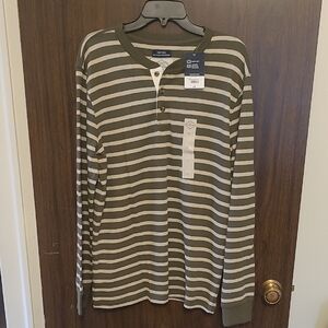 St. John's Bay Men's Green and White Striped Henley Shirt